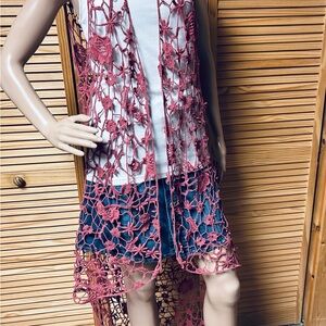 Women’s long crocheted cardigan sweater large mute wine unique swim beach lake